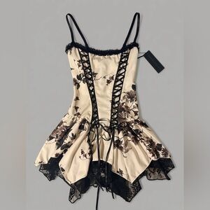 NWT Widow Basic Witchery Floral Satin Handkerchief Lace Up Corset Mini Dress